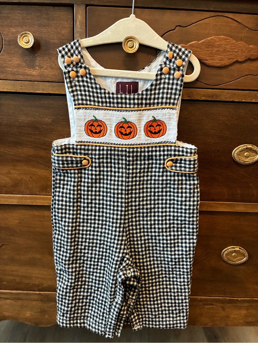 Gingham Pumpkin Smocked Kids Romper - Black & White